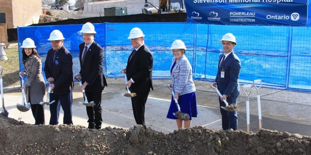 Dignitaries including Premier Doug Ford take part in the groundbreaking ceremony for the Stevenson Memorial Hospital expansion in Alliston.