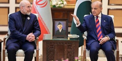 Iranian Parliament Speaker Mohammad Bagher Qalibaf meets with Pakistan Prime Minister Shehbaz Sharif in Islamabad during U.S.–Iran talks, April 11, 2026.