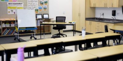 Empty teacher’s desk in a high school classroom in Ottawa