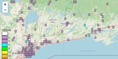 Earthquake Canada map showing reported shaking from a 3.9 magnitude earthquake near Ottawa and Shawville, Quebec