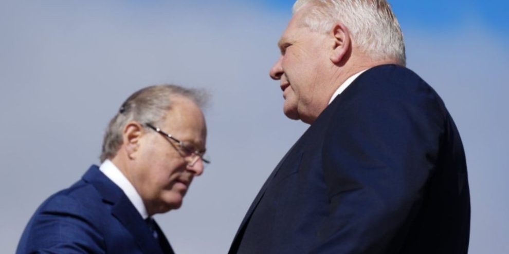 Ontario Premier Doug Ford and Solicitor General Michael Kerzner attending an event in Mississauga, Ontario, on Wednesday, April 30, 2025.