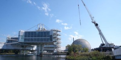 Construction equipment sits at Ontario Place during redevelopment work in Toronto.