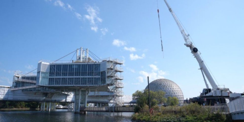 Construction equipment sits at Ontario Place during redevelopment work in Toronto.