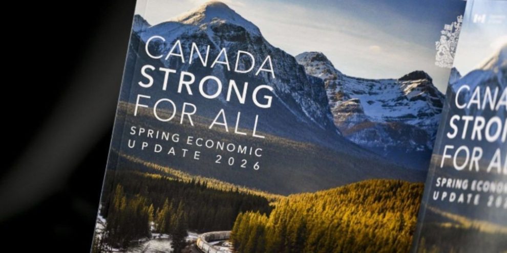 A printed copy of Canada’s spring economic update sits on a table in Ottawa ahead of its tabling on April 28, 2026.