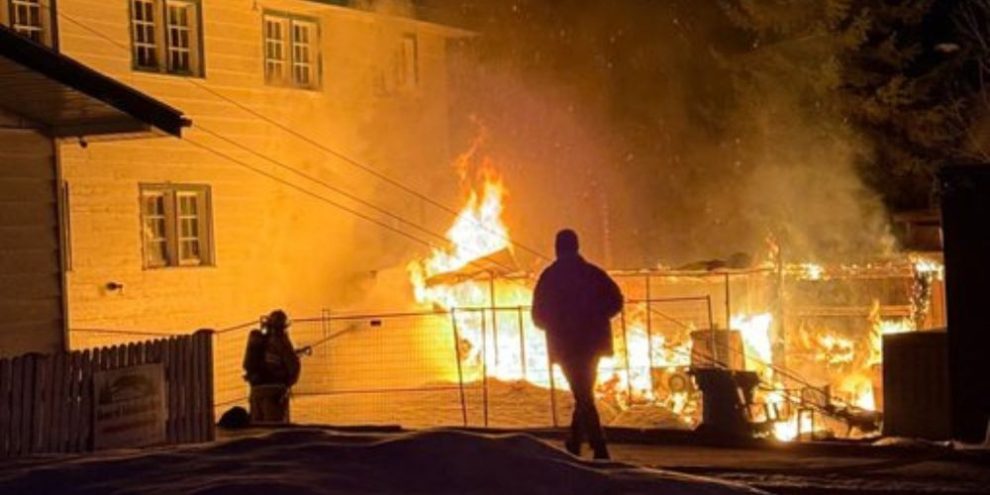 Firefighters extinguish an exterior blaze behind Bala Falls Pub near The KEE to Bala in Muskoka on April 6, 2026