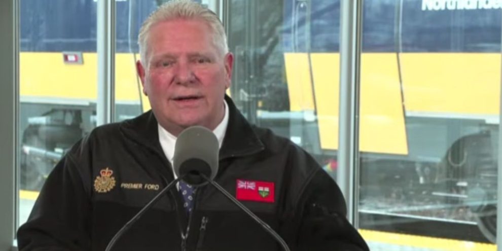 Ontario Premier Doug Ford speaks at a news conference in North Bay about Northlander train ticket prices