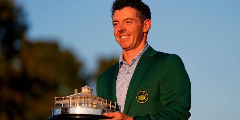 Rory McIlroy holding the Masters trophy after winning the golf tournament at Augusta National Golf Club in Augusta, Georgia