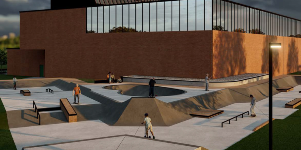 Artist rendering or concept image of proposed Foundry Park skatepark