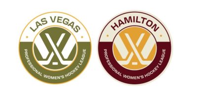 Logos for the PWHL’s new expansion franchises in Las Vegas and Hamilton, Ontario, displayed side by side in a promotional graphic released by the league.