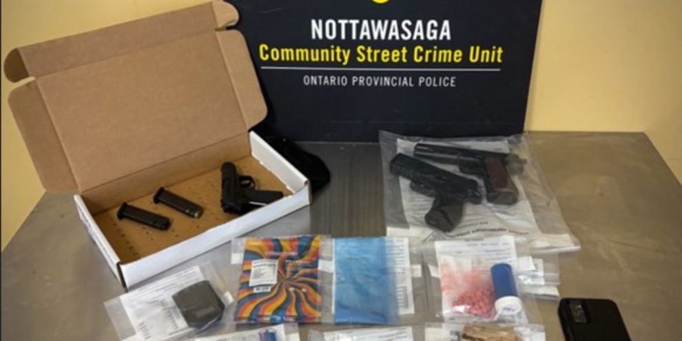Items seized by OPP during a drug trafficking investigation in Innisfil, including a handgun, drugs, cash and replica firearms.