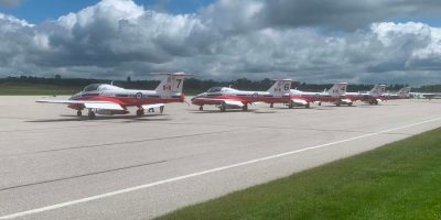 Royal Canadian Air Force Snowbirds aircraft parked on the tarmac at Lake Simcoe Regional Airport in Oro-Medonte on June 14, 2024.