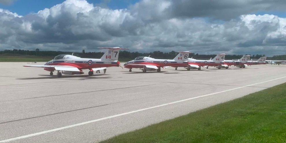 Royal Canadian Air Force Snowbirds aircraft parked on the tarmac at Lake Simcoe Regional Airport in Oro-Medonte on June 14, 2024.