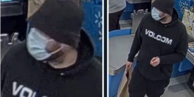 Surveillance image of a male suspect linked to a wallet theft and credit card fraud at a Bayfield Street gym in Barrie on March 10, 2026.