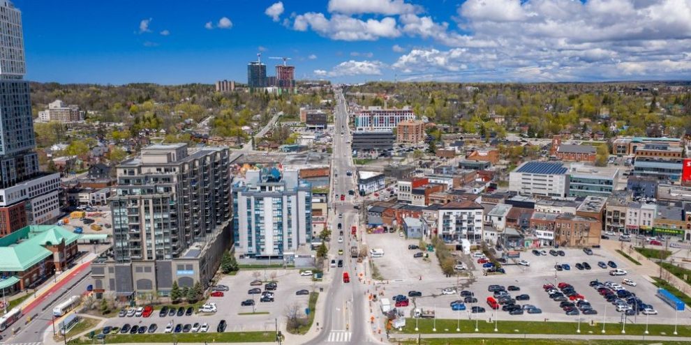Northbound view of Bayfield Street in downtown Barrie ahead of overnight resurfacing construction work.