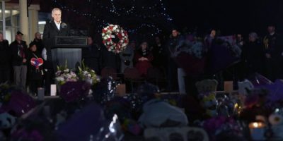Prime Minister Mark Carney speaks at a vigil for victims of the Tumbler Ridge, B.C., mass shooting on Feb. 13, 2026.