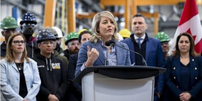 Industry Minister Mélanie Joly speaking at Les Ateliers Beau Roc facility in Vars, Ontario during a tariff relief announcement