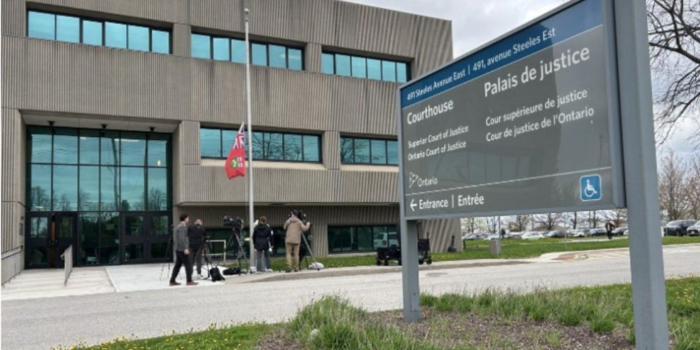 The Milton, Ontario courthouse is shown on May 5, 2026, where two Ontario women were found guilty in the death of a boy and confinement of his brother.