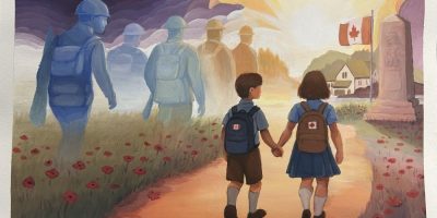 Artwork by Kaitlyn Hewett showing two children walking along a poppy-lined path alongside soldiers toward a Canadian flag at sunset, selected for display at the Canadian War Museum in Ottawa.