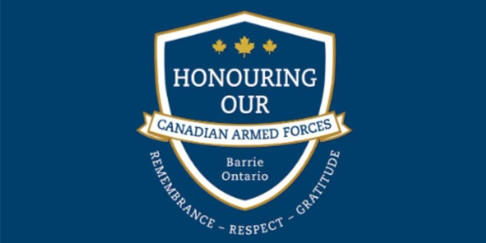 Barrie downtown City Hall area with streets closed for a parade and Canadian Armed Forces personnel participating in a ceremonial event.