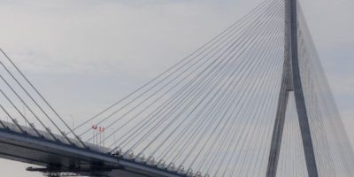 Construction continues on the Gordie Howe International Bridge connecting Windsor, Ontario, and Detroit, Michigan.