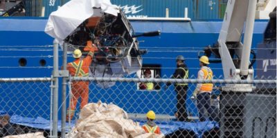 Debris from the Titan submersible is unloaded at the Canadian Coast Guard pier in St. John’s after being recovered from the ocean floor near the Titanic wreck site.