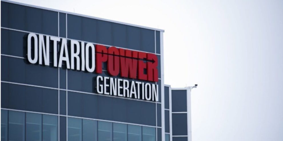 Ontario Power Generation Darlington Nuclear Generating Station signage in Bowmanville, Ontario, site of planned small modular reactors partly owned by several First Nations through new equity partnership.