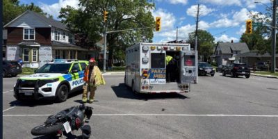 Barrie Police Service image showing the scene of a collision investigation at Anne Street South and Essa Road in Barrie involving an e-bike and a vehicle.