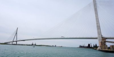 The Gordie Howe International Bridge under construction spanning the Detroit River between Windsor, Ontario and Detroit.