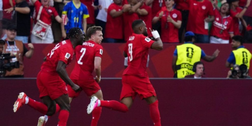 Canada forward Cyle Larin (9) celebrates after scoring the equalizing goal against Bosnia-Herzegovina during second-half Group B World Cup soccer action at Toronto Stadium, Friday, June 12, 2026.