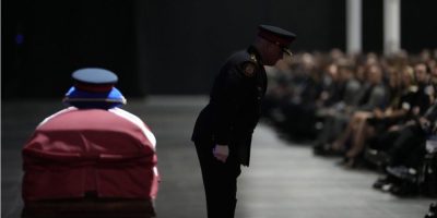 Toronto Police Chief Myron Demkiw speaks during the funeral service for Const. Marc Pinizzotto at the Toronto Congress Centre on June 24, 2026.