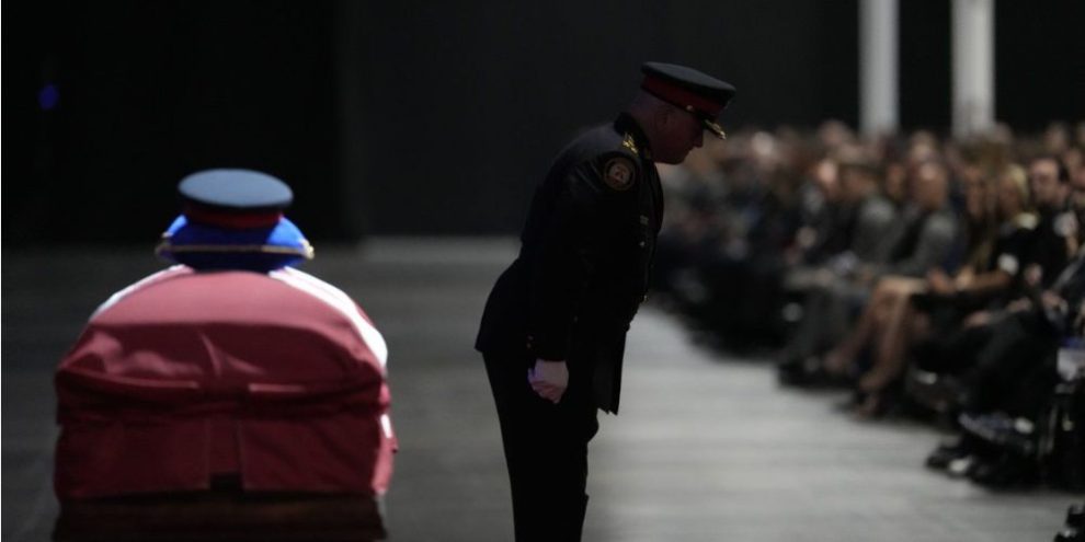 Toronto Police Chief Myron Demkiw speaks during the funeral service for Const. Marc Pinizzotto at the Toronto Congress Centre on June 24, 2026.