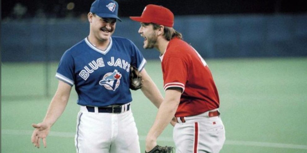Toronto Blue Jays pitcher Duane Ward, left, laughs with Philadelphia Phillies pitcher Tommy Greene before Game 2 of the 1993 World Series at the Skydome in Toronto.