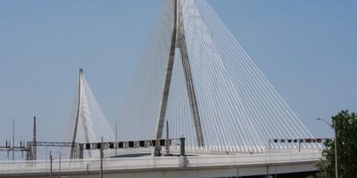 Gordie Howe International Bridge connecting Windsor, Ontario and Detroit, Michigan over the Detroit River.