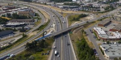 Aerial view of Highway 400 and the Dunlop Street interchange in Barrie during bridge replacement work.