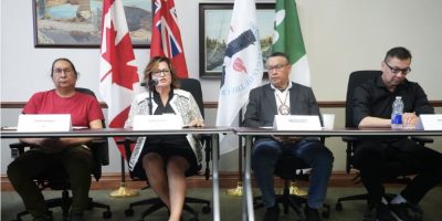 First Nations leaders Pauline Drake, Russell Wesley, Mike Metatawabin and Merle Loon speak during a press conference at Queen's Park in Toronto about Ontario's wildfire response.