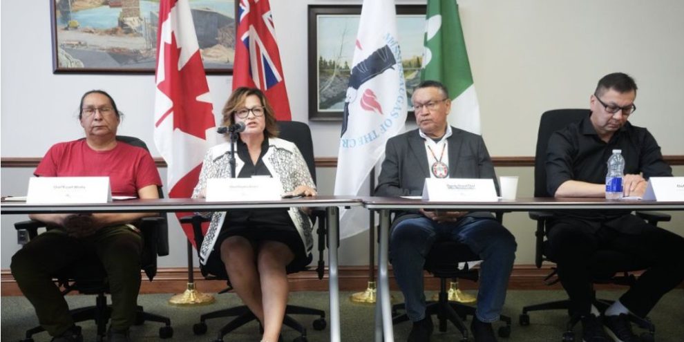 First Nations leaders Pauline Drake, Russell Wesley, Mike Metatawabin and Merle Loon speak during a press conference at Queen's Park in Toronto about Ontario's wildfire response.