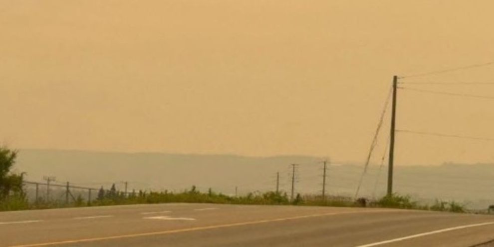 Wildfire smoke from northwestern Ontario blankets the City of Barrie on July 15, 2026, viewed from the Barrie Simcoe Emergency Campus.