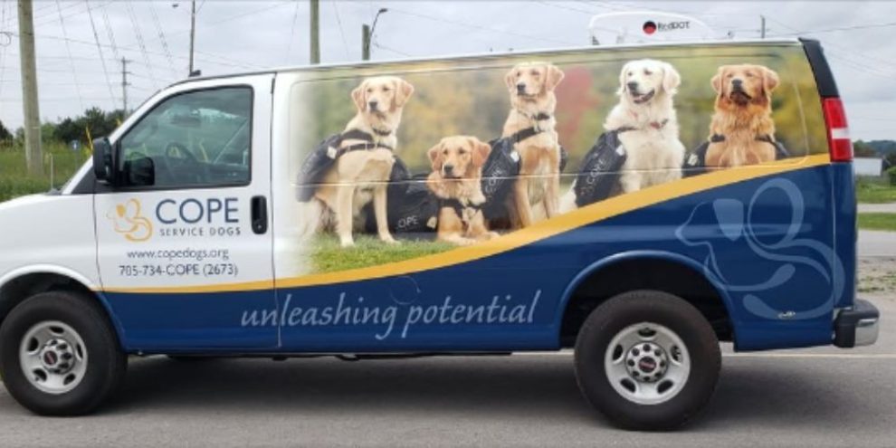 COPE Service Dogs GMC Savanna van with service dog graphics stolen from Barrie location