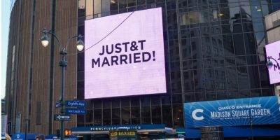 Taylor Swift and Travis Kelce's "Just Married" sign displayed on Madison Square Garden following their wedding in New York on July 3, 2026.