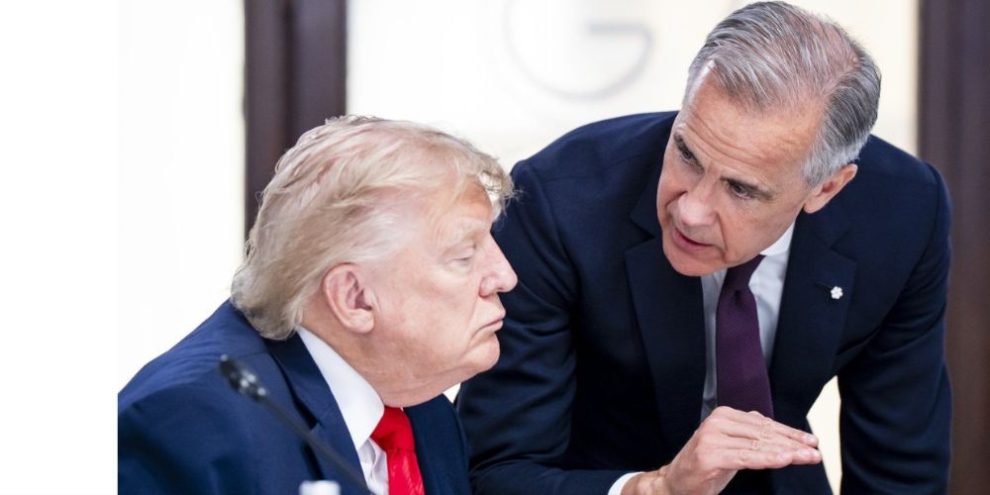 Prime Minister Mark Carney and U.S. President Donald Trump speaking during a G7 working luncheon, illustrating ongoing Canada-U.S. trade tensions as CUSMA negotiations continue.