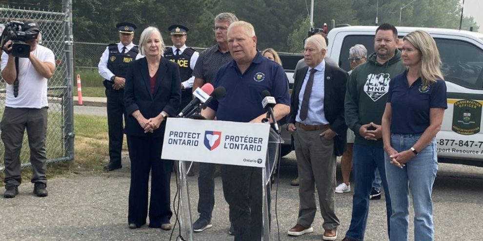 Premier Doug Ford speaks at a news conference in Thunder Bay as Ontario wildfire evacuations continue.