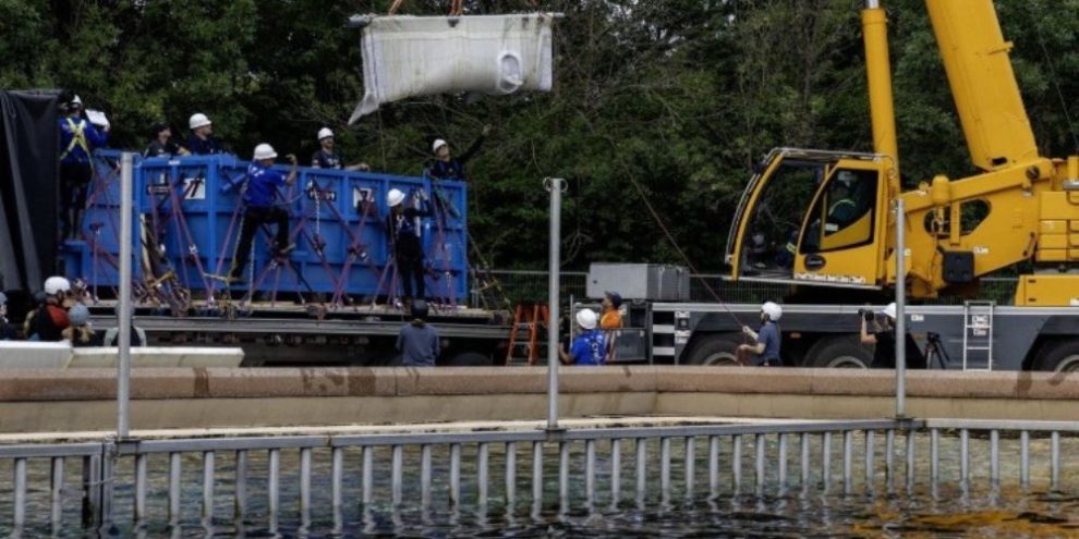 Beluga whale Bertie Botts is transported from Marineland during a move to a new U.S. facility.