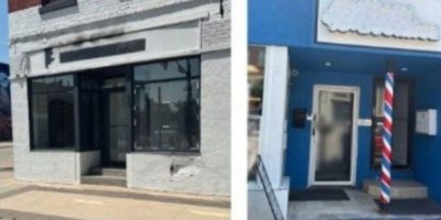Two shuttered downtown Barrie storefronts following a Barrie Police enforcement operation in July 2025.