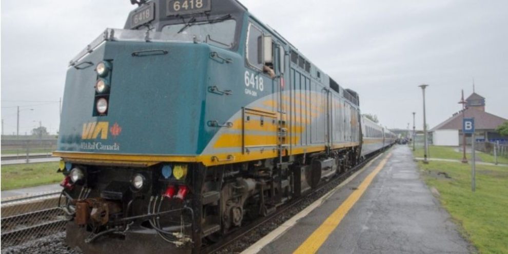 Via Rail passenger train heading to Toronto at Dorval station in Montreal.
