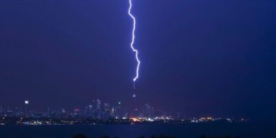 Lightning strikes the CN Tower during a storm in Toronto