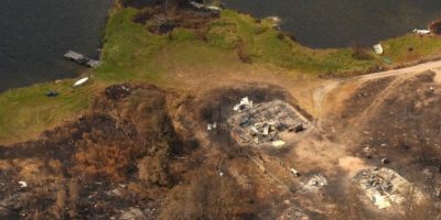 Aerial view of wildfire damage in Collins First Nation in northwestern Ontario