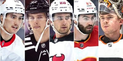 Alex Formenton, Cal Foote, Michael McLeod, Dillon Dube and Carter Hart, five members of Canada's 2018 world junior hockey team.