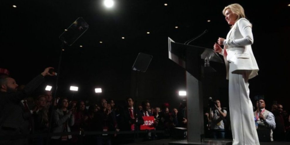 Bonnie Crombie speaks to Liberal Party members after winning the Ontario Liberal leadership election in Toronto in December 2023.