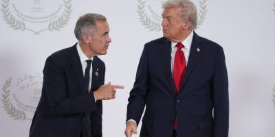 Donald Trump greets Mark Carney during a summit as Canada-U.S. trade talks collapse and businesses react to new tariffs.