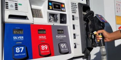 Gas station fuel prices displayed at a station north of Newcastle, Ontario